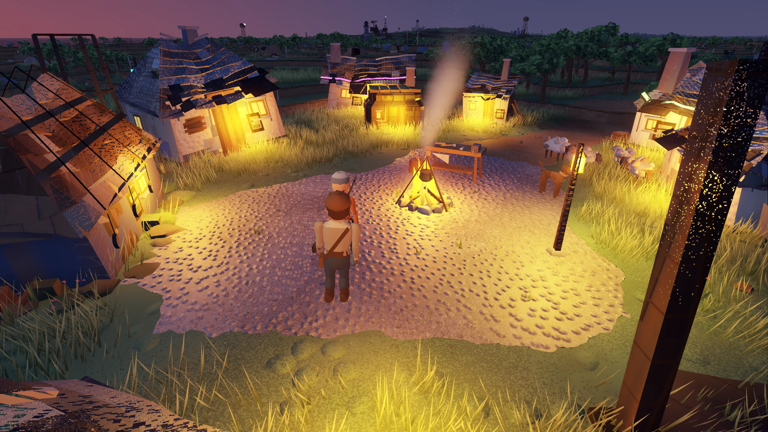 From behind, a man at a cooking fire beside Maren; patched houses with lit windows, nightfall.