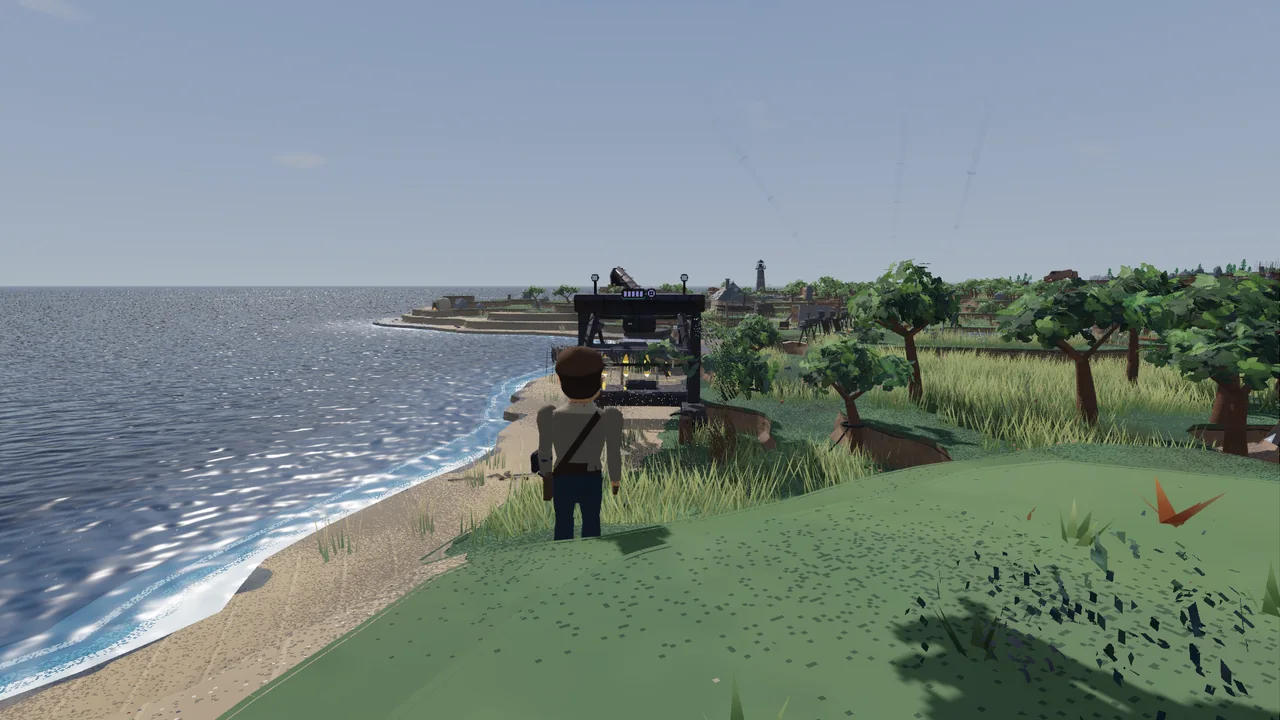Over his shoulder on the grass above a beach; a black gantry on tracks stands on the shore behind him.