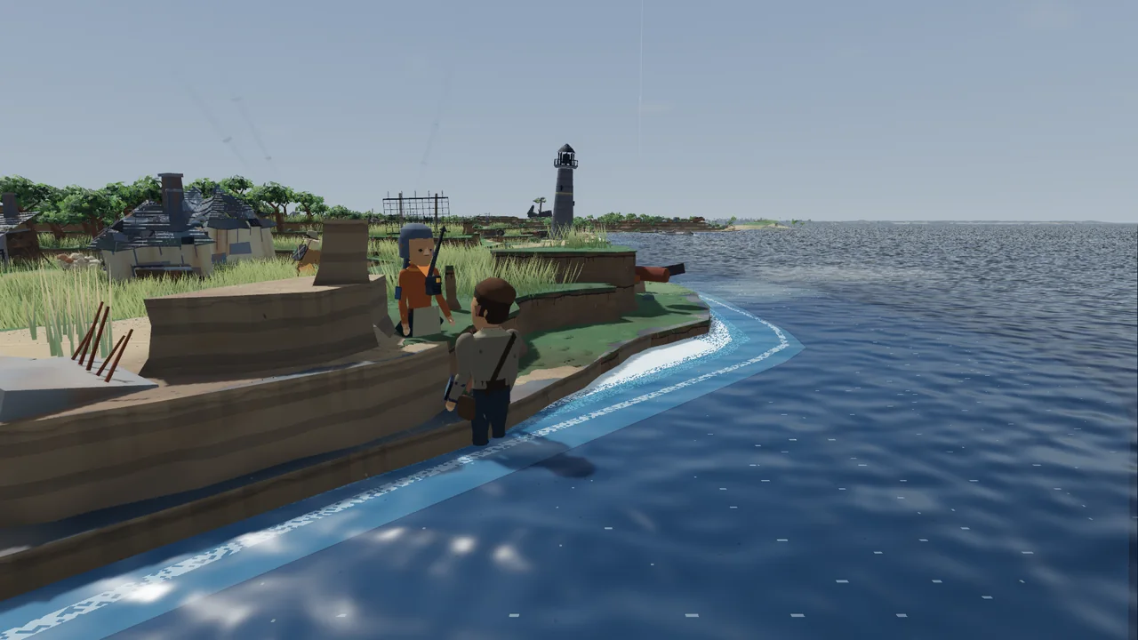 Over his shoulder at the water's edge: Maren with a rifle, the town's houses and a lighthouse behind.