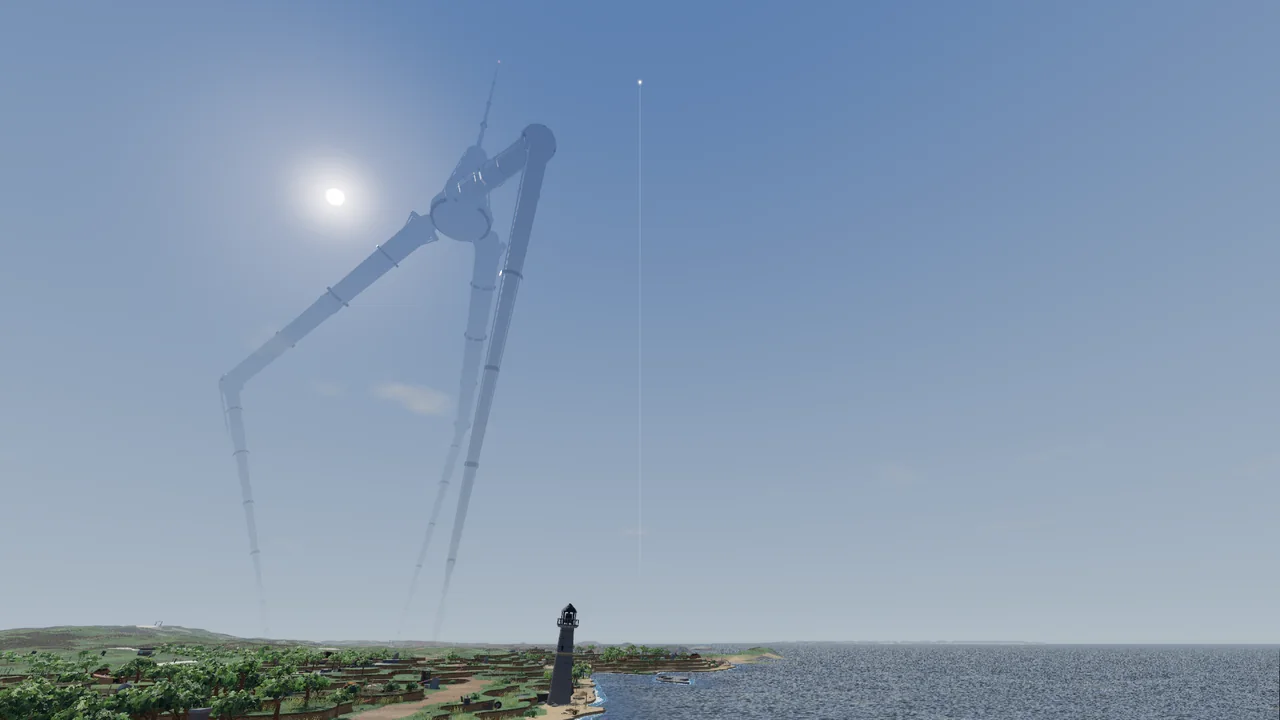A pale morning sky over the coast; a three-legged walker far off and a thin line rising into the sky.